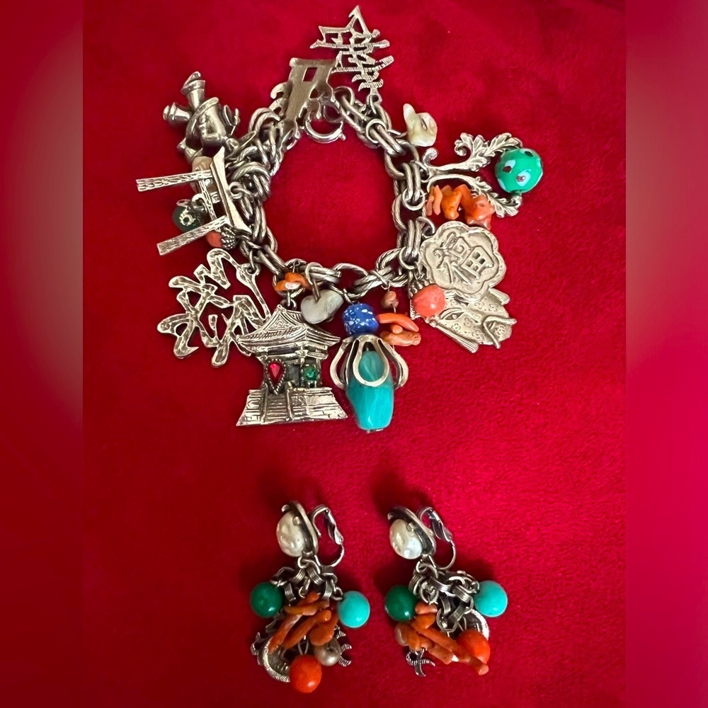 Vintage Napier Famous Asian Multi-Charm Bracelet And Earrings Germany